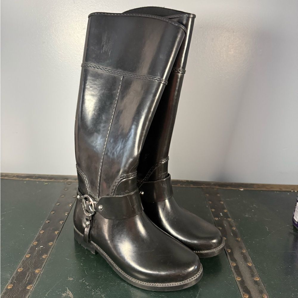 Michael Kors FULTON HARNESS RAINBOOT Knee High Rubber Black Women Size 6